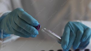 Process of coronavirus testing examination by nurse medic in laboratory lab, COVID-19 swab collection kit, test tube for taking OP NP patient specimen sample, patient receiving a corona test