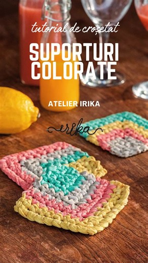 Croșetăm suporturi colorate de pahare și ne bucurăm de zile însorite petrecute la terasă! In acest tutorial, inveți să croșetezi un suport pătrat, cu latura de aproximativ 11 cm, din benzi de 4 culori diferite. Vei afla cum să schimbi culoarea firului de lucru și cum să modelezi piesa folosind metoda scăderii de ochiuri pe centru. Descrierea detaliată pas cu pas o găsești pe blogul nostru, pe irika.ro, de unde iți poți comanda și toate materialele necesare realizării acestui proiect super-colora