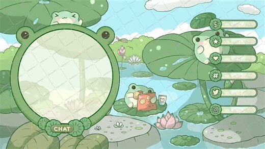 🐸 cozy froggy pond stream pack A softly playful pack to bring a little cozy pond magic to your stream space. Includes: animated + static backgrounds, webcam frames (16:9/4:3), panels, chat box, starting/brb/ending scenes, alerts, Twitch panels, offline screen, banners