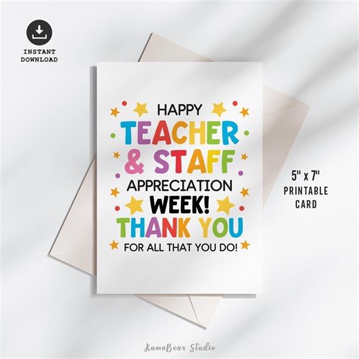 Teacher Staff Appreciation Greeting Card Printable With Rainbow Letters for School Thanks - Etsy