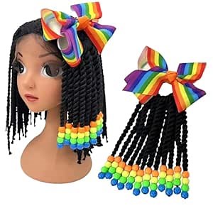 Kids Ponytail Hair Extension Braid Girls Braided Ponytail Hair Extension Clip On Go For Girls Beads,Black Hair Band & Bow Included,Detachable and Reusable (Rainbow color)