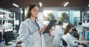 Medical Science Laboratory Project Manager Standing in Office, Using Tablet Computer. Female and Male Scientists Working on Computers, Sequencing DNA genes, Researching Molecular Biology Technologies