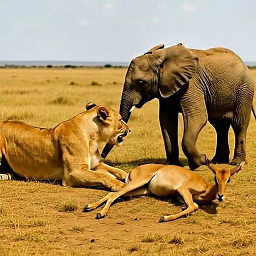 Baby Elephant Tries to Save a Young Antelope From Lions