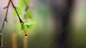 On a warm spring day, the fresh spring rain falling on the green leaves, the clean water droplets on the buds of the branches, and the sound of birdsong and rain