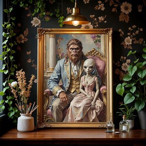 Funny Anniversary Gift, Bigfoot Alien Print, Wife Husband Animal Art, Victorian Couple Portrait
