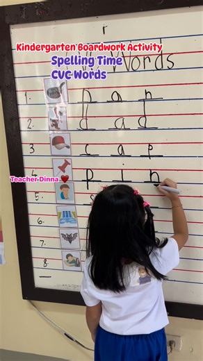 Kindergarten Boardwork Activity! Spelling Time. Writing CVC words. Good job Kinder Pakwan! 👏👏👏 Keep it up! #kindergarten #teacherdinna #kindergartenjourney #kinder #spelling #cvcwords #reading #English #proudteacher @highlight | Kinder Pakwan MsDinna