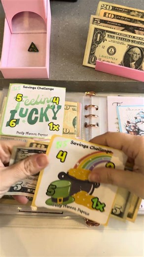 Cash stuffing completed challenges into the mini binder