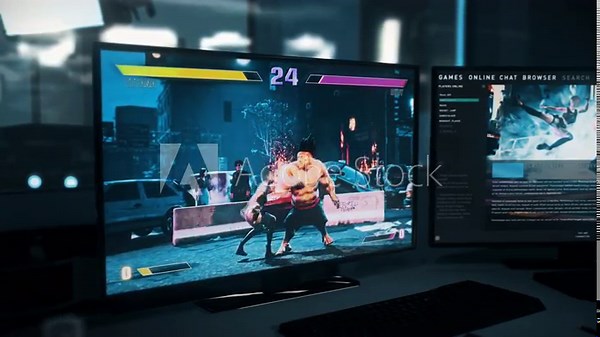 PC Gaming Animation Two Fighters Battle With Powerful Blows On City Street. PC Gaming Concept. Animation On PC Display. Gaming Hobby. You Lose Screen Animation. KO. Action. Competitive