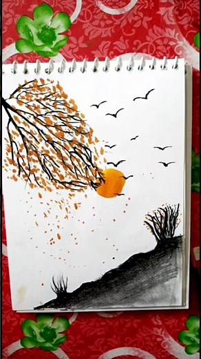🍁 Autumn Sunset Scenery Drawing | Falling Leaves Art | Easy Painting Tutorial ✨🎨