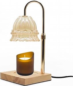 Glass Flower Lampshape Candle Warmer Lamp with Adjustable Height, Wax Burner Lamp with Timer and Dimmer, Wooden Base Candle Warmer, Women's Gifts (Amber)