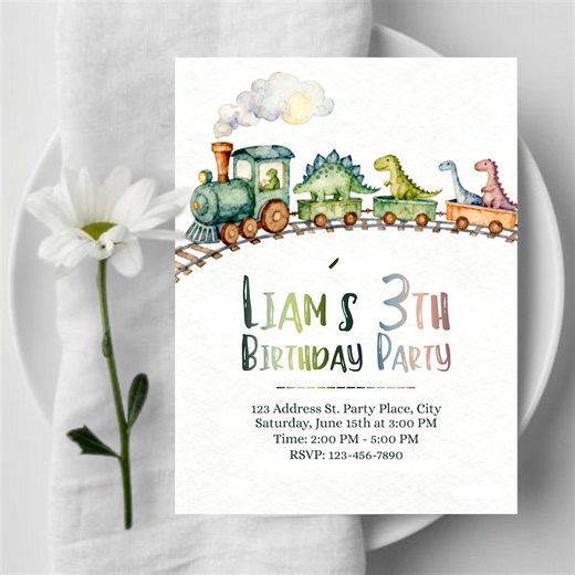 Dinosaur Train Birthday Invitation | Watercolor Dino Railroad Party | Editable Kids Train Template | Printable Canva Party Invite - Etsy UK