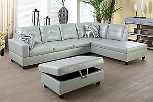 Leather Sectional Couch for Living Room Set,Sectional Sofa L Shape Couch with Storage Ottoman/Silver Green Faux Leather/Facing Right Chaise