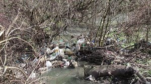 Polluted river with garbage, plastic bottles and wastes. Rubbish, plastic waste and garbage in the river