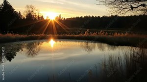 The sun sets over a still pond, its reflection shimmering on the water