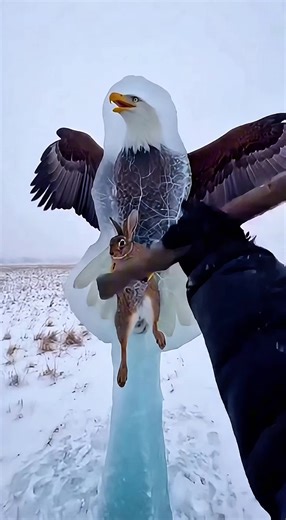 In the frozen silence of winter, an eagle and a bunny were locked mid-hunt, both trapped beneath a sudden shell of ice—predator and prey frozen in the same moment ❄️🦅🐇 The hammer man arrived and carefully shattered the icy prison—crack… crack… until the frozen scene broke free 🔨💥. The bunny bolted across the snow, escaping for a brief moment of hope… but the eagle, true to its nature, launched back into the sky, caught the rabbit again, and flew away into the cold horizon. In the wild, freed