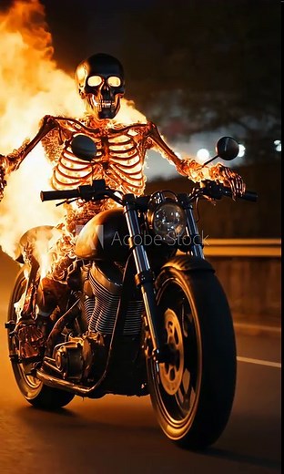 A skeleton is riding a motorcycle with flames coming out of its back. The scene is set in the dark, with the skeleton and motorcycle being the main focus. Scene is eerie and intense
