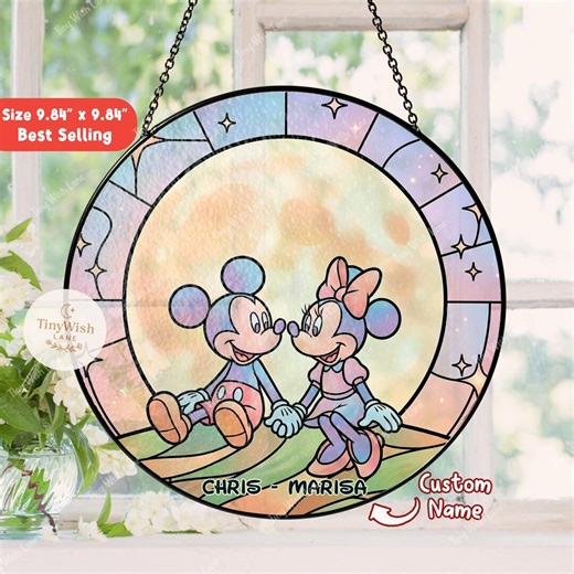Personalized Mickey Mouse Stained Glass Suncatcher, Custom Couple Name Disney Suncatcher, Anniversary Gift for Husband Wife, Mickey & Minnie - Etsy