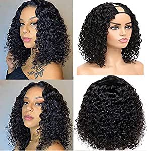 Wig Curly U Part Human Hair Bob Cut Deep Coily Curly upart U Shaped With Clips 180% Density 12in, 6.0 Count
