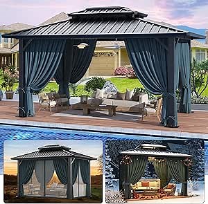 Amazon.com : HOTEEL 10x12 Hardtop Gazebo Hot Tub Gazebo with Flame-Retardant Curtain Netting, Heavy Duty Pavilion with Galvanized Steel Double Roof, Aluminum Frame Outdoor Canopy for Patio and Party (Upgraded 3.0) : Patio, Lawn & Garden