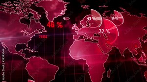 Charts, graphs and statistic bars visualisation. Red data diagram and information with globe map on background. Abstract concept 3d animation. Pandemic analyzing and crisis growth.