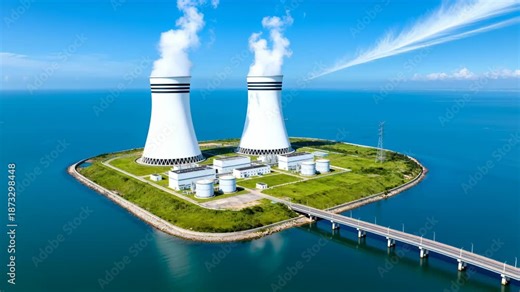 Nuclear power plant on a small coastal island with two large cooling towers and nearby storage tanks. Green lawns and secured perimeter surround the industrial facility. A bridge connects the island t