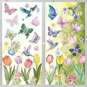 Large Size Spring Window Clings - 8 Sheets 83 Pcs Butterfly Tulip Flower Window Decal Stickers Decor for Glass Windows Home Classroom Office Shop Display Decoration for Spring Theme Party Supplies