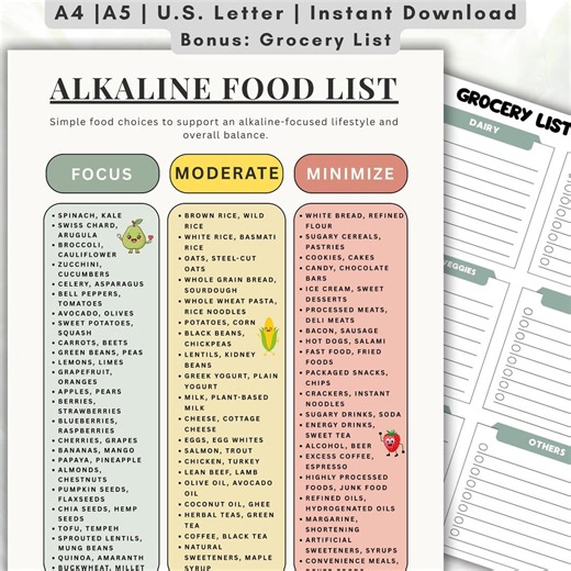 Alkaline Food List Printable, Alkaline Diet Foods Chart, Acid Vs Alkaline Foods, Alkaline Grocery List PDF - Etsy Canada