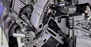 Close up view of cut section of Automotive Internal combustion engine details.