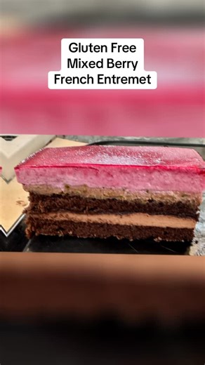 Chef Allyson | Layers of gluten free chocolate genoise sponge layered with coffee panna cotta, pistachio ganache, mixed berry mousse and topped with berry... | Instagram