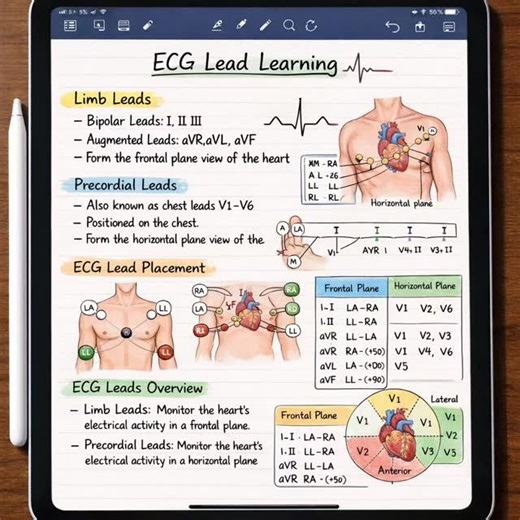 Med School Notes | StudyMed🩺 | 📈 ECG LEADS MADE EASY Struggling to remember ECG leads and their planes? Here’s how I learn ECG lead placement & interpretation using... | Instagram