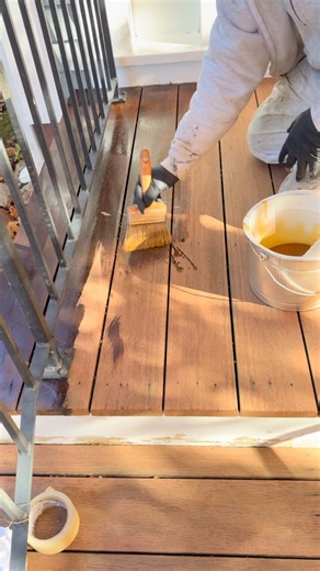 Applying a fresh coat of translucent stain to restore this beautiful front deck 🌿✨ After carefully sanding and prepping the surface, our team brought back the wood’s natural warmth and grain — just the natural look the client wanted! #DeckRestoration #WoodStaining #TranslucentFinish #NaturalWoodLook #BenjaminMoore #ExteriorRefinish #JKPaintingService #WalthamPainters #LexingtonMA #BedfordMA #ArlingtonMA #DeckCare #BeforeAndAfter | JK Painting Service Corp