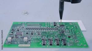 Automatic manipulator with dispenser needle working with SMT printed circuit board in demonstration mode - close up. Automated technology, industrial, robotic, electronic, manufacturing concept Stock Video