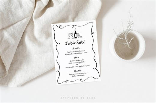 Hand Drawn Menu Template, Bridal Shower Menu Template, Editable Template, Black and White Wavy Border Wedding Menu, Drawing Menu Card - Etsy