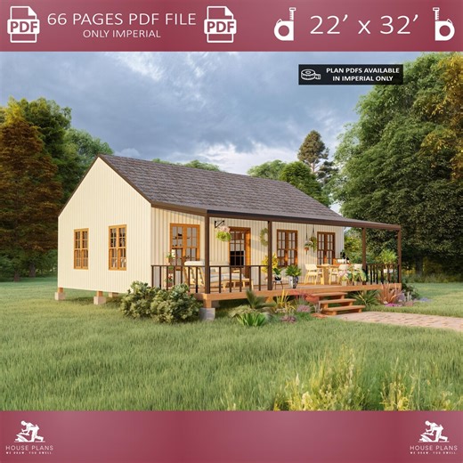 22' X 32' Barndominium Plans, Tiny House Plan, Small Cabin Blueprints, 2 Bedroom Farmhouse, Cottage Home - Etsy