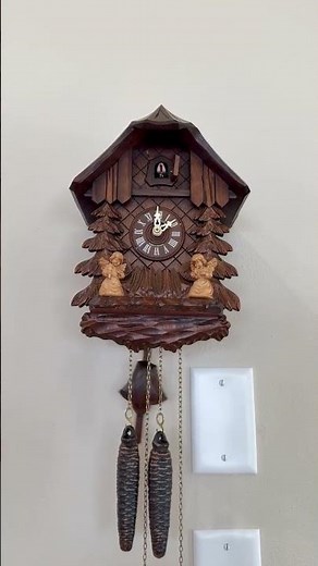Restored - Vintage Chalet Style Black Forest Cuckoo Clock: Features Two Angels Holding Candles.