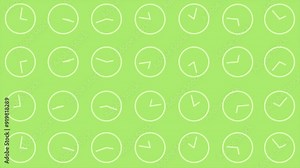 Lime green color multiple moving clocks shows that time is not constant time always moves forward, futuristic loop able background