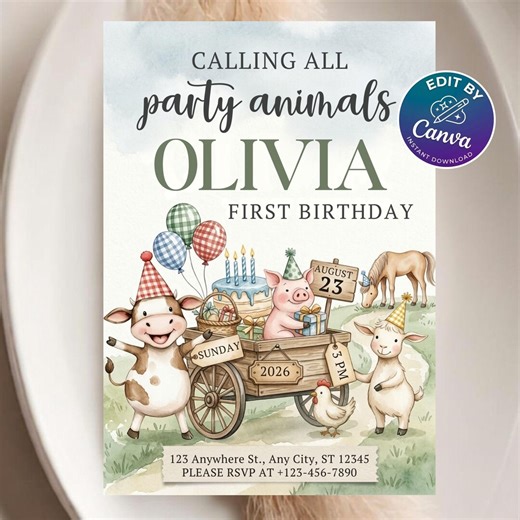 Barnyard Birthday Invitation Template, Farm Animals Party Invite, Editable Canva First Birthday Evite, Rustic Farm Theme, Instant Download - Etsy