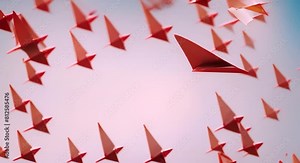 Red paper plane elevating over white group birds eye perspective clear day