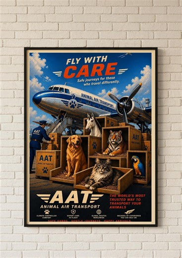 Vintage Animal Poster Printable, Retro Aviation Wall Art, 1950s Airline Ad, Dog Cat Horse Tiger Print, Travel Decor, Mid Century Style - Etsy