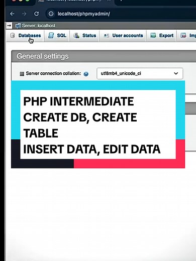 PHP INTERMEDIATE, PERTEMUAN 1, PHPMYADMIN, CREATE DATABASE, CREATE TABLE, INSERT DATA, EDIT DATA. Jangan lupa install dulu xampp ya. Silahkan dicoba sendiri ya dan jika berhasil silahkan ketik BERHASIL di kolom komentar, jika gagal silahkan sampaikan apanya yang gagal di kolom komentar. Jika ada yang mau ditanyakan atau mau disampaikan silahkan di kolom komentar ya, nanti sama-sama kita jawab. Dan jangan lupa di FOLLOW ya agar tidak ketinggalan materi-materi di pertemuan selanjutnya. Bagi yang m