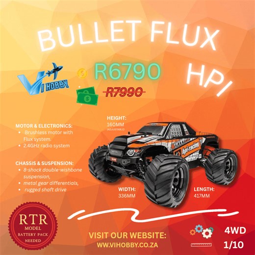 HPI 1/10 Bullet MT Flux Direct product link 👉 https://www.vihobby.co.za/product/hpi-bullet-mt-flux/ The HPI Bullet MT Flux is a 1/10th scale 4WD electric monster truck built for speed, durability, and all-terrain fun. It features a powerful brushless motor and a 4WD shaft-driven drivetrain capable of handling jumps, rough landings, and various terrain conditions. Its waterproof electronics allow for year-round action. Here’s the HPI 1/10 Bullet MT Flux top speed converted to km/h: On 2S LiPo (7