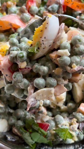 Irish Pea Salad We love making this salad all year long but especially around the holidays since it’s so colorful and looks so pretty on the table. It’s called Irish Pea Salad since it has the colors of the Irish flag, but I’m sure it has various names as well. We absolutely love it and it’s a perfect side dish for your holiday gatherings. 1 Ib fresh or frozen peas if using frozen thaw first 1 bunch chopped chives or 1/4 c sweet onion 4-5 mini sweet red and orange peppers chopped 6-8 slices baco