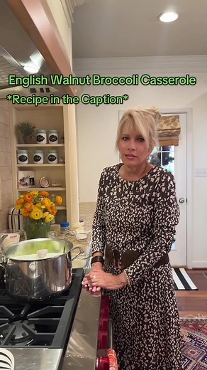 Ingredients & Directions: 3- 10 oz pkgs. chopped broccoli 1/2 c butter 4T. Flour 1 1/2 t. Powdered chicken OR 4 chicken booilion cubes crushed. 2C milk 2/3c water 6T. Butter 2/3 pkg. (8oz size) herb stuffing mix you can low sodium chicken broth on top of stuffing before baking to make it more moist. ( a cup or so) 2 cups chopped walnuts DIRECTIONS: Cook and drain broccoli- put in casserole melt 1/2 butter, blend in flour and chicken stock, stirring to make smooth paste. Gradually add milk. Cook 