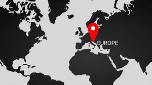 Animated map showcasing Africa, Europe, Asia, North America, and South America with highlighted locations