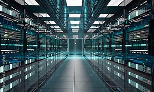 Data flows through fiber optic cables and network servers housed in the modern server room of a high-tech data center, where glass panels reveal the inner workings.