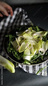 chicory leaves salad chicory fruit tasty fresh healthy eating cooking appetizer meal food snack on the table copy space food background rustic top view keto or paleo diet vegetarian vegan food