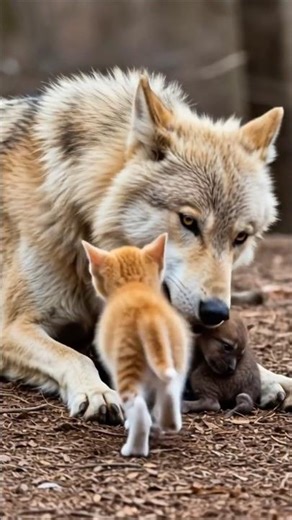 Lonely Kitten Finds Love with Mama Wolf #cat #animallove #cuteanimals
