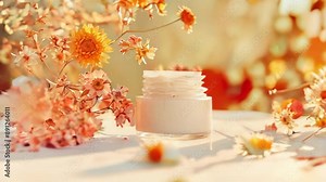 Video of glass jar with face and body care product among pink peachy flowers and plants. Wellness spa rejuvenation bio eco cosmetics ayurveda concept