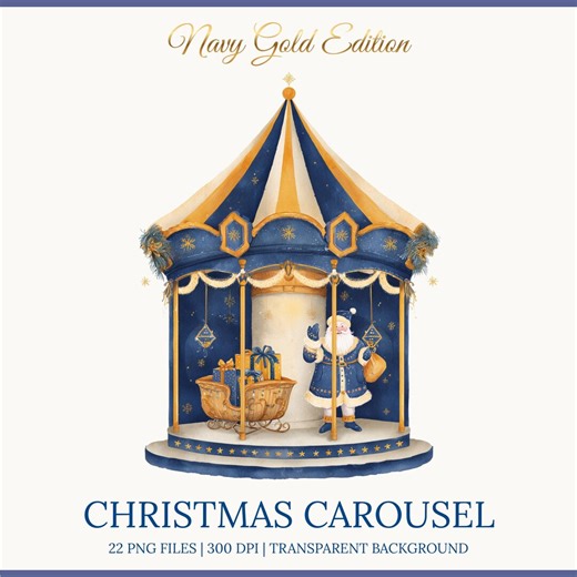 Watercolor Christmas Carousel Clipart, Navy Gold Holiday Merry-go-round PNG, Santa Gifts Illustration - Etsy