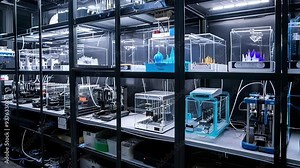 Multiple 3d printers are creating and testing innovative product designs in a contemporary laboratory, showcasing cutting edge manufacturing technology